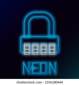 Blue glowing neon line Safe combination lock icon isolated on black background. Combination padlock. Security, safety, protection, password, privacy. Colorful outline concept. Vector Illustration
