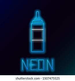 Blue glowing neon line Sauce bottle icon isolated on black background. Ketchup, mustard and mayonnaise bottles with sauce for fast food. Colorful outline concept. Vector Illustration