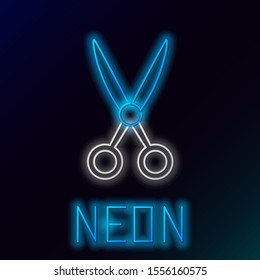 Blue glowing neon line Scissors hairdresser icon isolated on black background. Hairdresser, fashion salon and barber sign. Barbershop symbol. Colorful outline concept. Vector Illustration