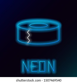 Blue glowing neon line Scotch icon isolated on black background. Roll of adhesive tape for work and repair. Sticky packing tape. Office tool and stuff. Colorful outline concept. Vector Illustration