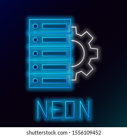 Blue glowing neon line Server and gear icon isolated on black background. Adjusting app, service concept, setting options, maintenance, repair, fixing. Colorful outline concept. Vector Illustration