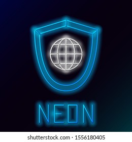 Blue glowing neon line Shield with world globe icon isolated on black background. Security, safety, protection, privacy concept. Colorful outline concept. Vector Illustration