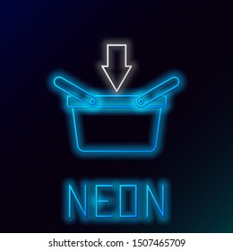 Blue glowing neon line Shopping basket icon isolated on black background. Online buying concept. Delivery service sign. Shopping cart symbol. Colorful outline concept. Vector Illustration