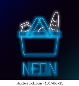 Blue glowing neon line Shopping basket and food icon isolated on black background. Food store, supermarket. Colorful outline concept. Vector Illustration