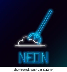 Blue glowing neon line Shovel in the ground icon isolated on black background. Gardening tool. Tool for horticulture, agriculture, farming. Colorful outline concept. Vector Illustration