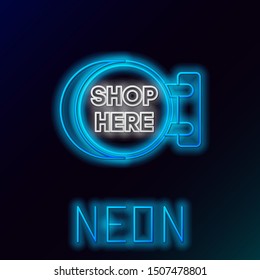 Blue glowing neon line Signboard hanging with an inscription shop here icon on black background. Suitable for advertisements bar, cafe, pub, restaurant. Colorful outline concept. Vector Illustration