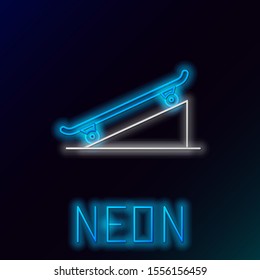 Blue glowing neon line Skateboard on street ramp icon isolated on black background. Extreme sport. Sport equipment. Colorful outline concept. Vector Illustration
