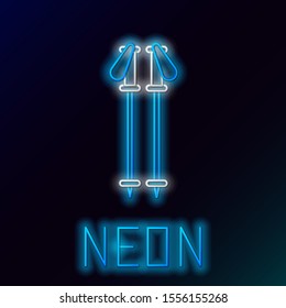 Blue glowing neon line Ski poles icon isolated on black background. Extreme sport. Skiing equipment. Winter sports icon. Colorful outline concept. Vector Illustration