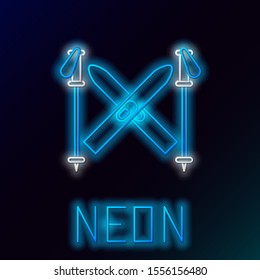 Blue glowing neon line Ski and sticks icon isolated on black background. Extreme sport. Skiing equipment. Winter sports icon. Colorful outline concept. Vector Illustration