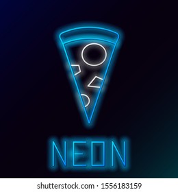 Blue glowing neon line Slice of pizza icon isolated on black background. Colorful outline concept. Vector Illustration