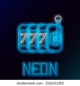 Blue glowing neon line Slot machine with lucky sevens jackpot icon isolated on black background. Colorful outline concept. Vector Illustration