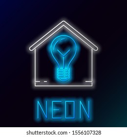 Blue glowing neon line Smart house and light bulb icon isolated on black background. Colorful outline concept. Vector Illustration
