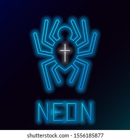 Blue glowing neon line Spider icon isolated on black background. Happy Halloween party. Colorful outline concept. Vector Illustration