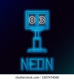 Blue glowing neon line Sport football mechanical scoreboard and result display icon isolated on black background. Colorful outline concept. Vector Illustration
