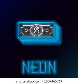 Blue glowing neon line Stacks paper money cash icon isolated on black background. Money banknotes stacks. Bill currency. Colorful outline concept. Vector Illustration