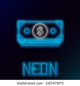 Blue glowing neon line Stacks paper money cash icon isolated on black background. Money banknotes stacks. Bill currency. Colorful outline concept. Vector Illustration