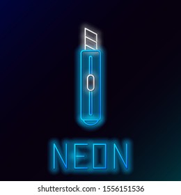 Blue glowing neon line Stationery knife icon isolated on black background. Office paper cutter. Colorful outline concept. Vector Illustration
