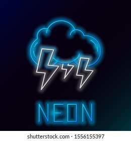 Blue glowing neon line Storm icon isolated on black background. Cloud and lightning sign. Weather icon of storm. Colorful outline concept. Vector Illustration