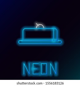 Blue glowing neon line Strawberry cheesecake slice with fruit topping icon isolated on black background. Colorful outline concept. Vector Illustration