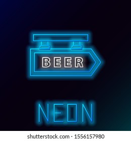 Blue glowing neon line Street signboard with inscription Beer icon isolated on black background. Suitable for advertisements bar, cafe, pub, restaurant. Colorful outline concept. Vector Illustration