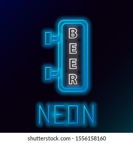 Blue glowing neon line Street signboard with inscription Beer icon isolated on black background. Suitable for advertisements bar, cafe, pub, restaurant. Colorful outline concept. Vector Illustration