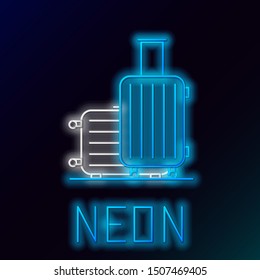 Blue glowing neon line Suitcase for travel icon isolated on black background. Traveling baggage sign. Travel luggage icon. Colorful outline concept. Vector Illustration