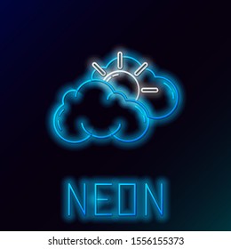 Blue glowing neon line Sun and cloud weather icon isolated on black background. Colorful outline concept. Vector Illustration