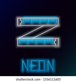 Blue glowing neon line Tape measure icon isolated on black background. Measuring tape. Colorful outline concept. Vector Illustration