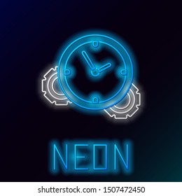 Blue glowing neon line Time Management icon isolated on black background. Clock and gear sign. Productivity symbol. Colorful outline concept. Vector Illustration