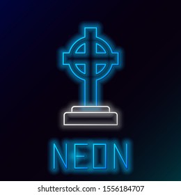 Blue glowing neon line Tombstone with cross icon isolated on black background. Grave icon. Colorful outline concept. Vector Illustration