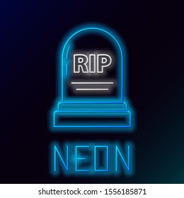 Blue glowing neon line Tombstone with RIP written on it icon isolated on black background. Grave icon. Colorful outline concept. Vector Illustration