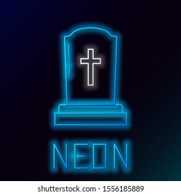 Blue glowing neon line Tombstone with cross icon isolated on black background. Grave icon. Colorful outline concept. Vector Illustration