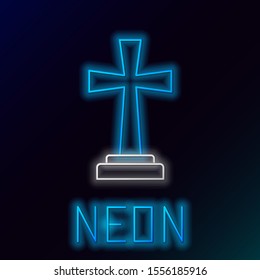 Blue glowing neon line Tombstone with cross icon isolated on black background. Grave icon. Colorful outline concept. Vector Illustration