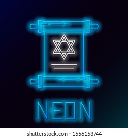 Blue glowing neon line Torah scroll icon isolated on black background. Jewish Torah in expanded form. Star of David symbol. Old parchment scroll. Colorful outline concept. Vector Illustration