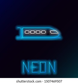 Blue glowing neon line Train icon isolated on black background. Public transportation symbol. Subway train transport. Metro underground. Colorful outline concept. Vector Illustration