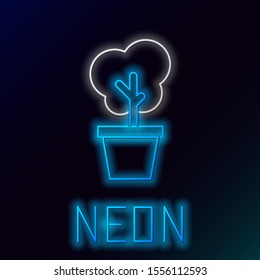 Blue glowing neon line Tree in pot icon isolated on black background. Houseplant in pots. Natural decor for home and interior. Potted plant sign. Colorful outline concept. Vector Illustration