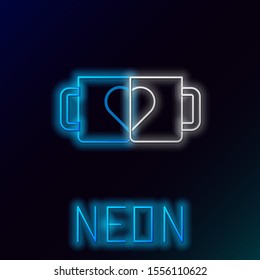Blue glowing neon line Two coffee cup and heart icon isolated on black background. Couple coffee for lovers on Valentines Day. Colorful outline concept. Vector Illustration