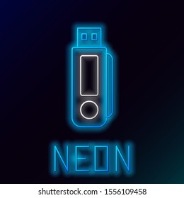 Blue glowing neon line USB flash drive icon isolated on black background. Colorful outline concept. Vector Illustration