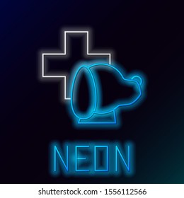Blue glowing neon line Veterinary clinic symbol icon isolated on black background. Cross with dog veterinary care. Pet First Aid sign. Colorful outline concept. Vector Illustration