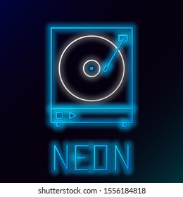 Blue glowing neon line Vinyl player with a vinyl disk icon isolated on black background. Colorful outline concept. Vector Illustration