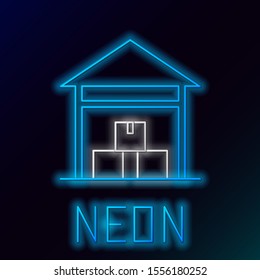 Blue glowing neon line Warehouse icon isolated on black background. Colorful outline concept. Vector Illustration