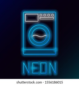 Blue glowing neon line Washer icon isolated on black background. Washing machine icon. Clothes washer - laundry machine. Home appliance symbol. Colorful outline concept. Vector Illustration