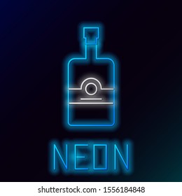 Blue glowing neon line Whiskey bottle icon isolated on black background. Colorful outline concept. Vector Illustration