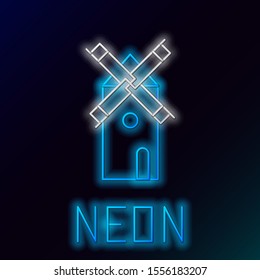 Blue glowing neon line Windmill icon isolated on black background. Colorful outline concept. Vector Illustration