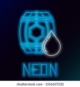 Blue glowing neon line Wooden barrel with honey icon isolated on black background. Colorful outline concept. Vector Illustration