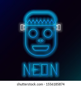 Blue glowing neon line Zombie mask icon isolated on black background. Happy Halloween party. Colorful outline concept. Vector Illustration