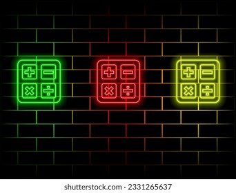 Blue glowing neon mathematical symbols on a black background. Glossy symbols of addition, subtraction, multiplication and division. many colors.