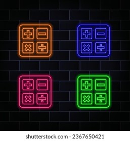 Blue glowing neon mathematical symbols on a black background. Bright addition, subtraction, multiplication and division symbols. yellow, red, green, blue, pink and orange