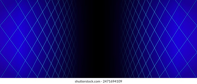 Blue glowing neon wireframe background. Shining vertical grid planes in perspective. Retro futuristic depth wallpaper. Arcade game sci fi diagonal matrix surface backdrop for poster, banner. Vector