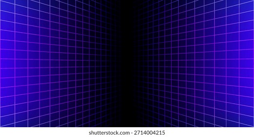 Blue glowing neon wireframe background. Shining vertical grid planes in perspective. Retro futuristic depth wallpaper. Arcade game sci fi diagonal matrix surface backdrop for poster, banner. Vector